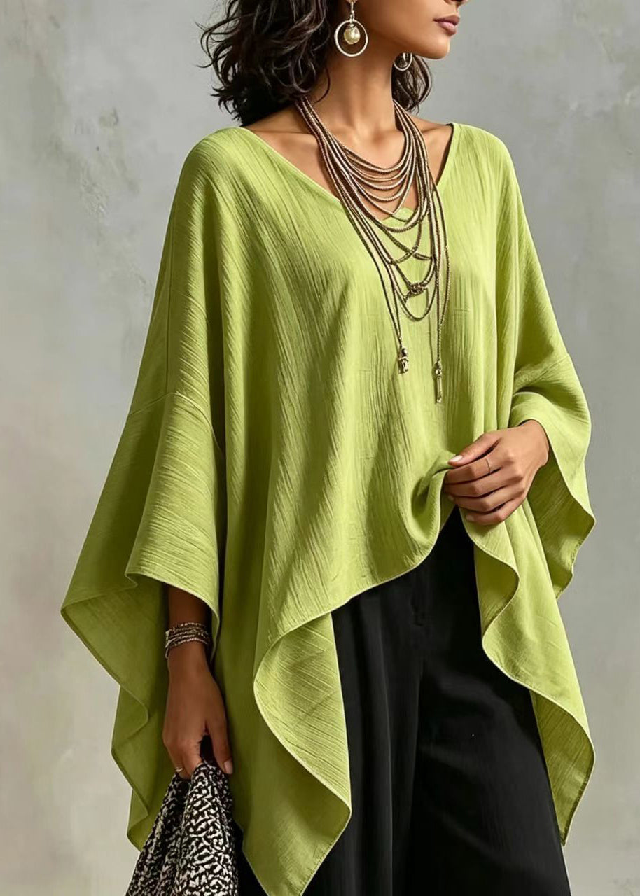 Casual Grass Green Asymmetrical Top Batwing Sleeve