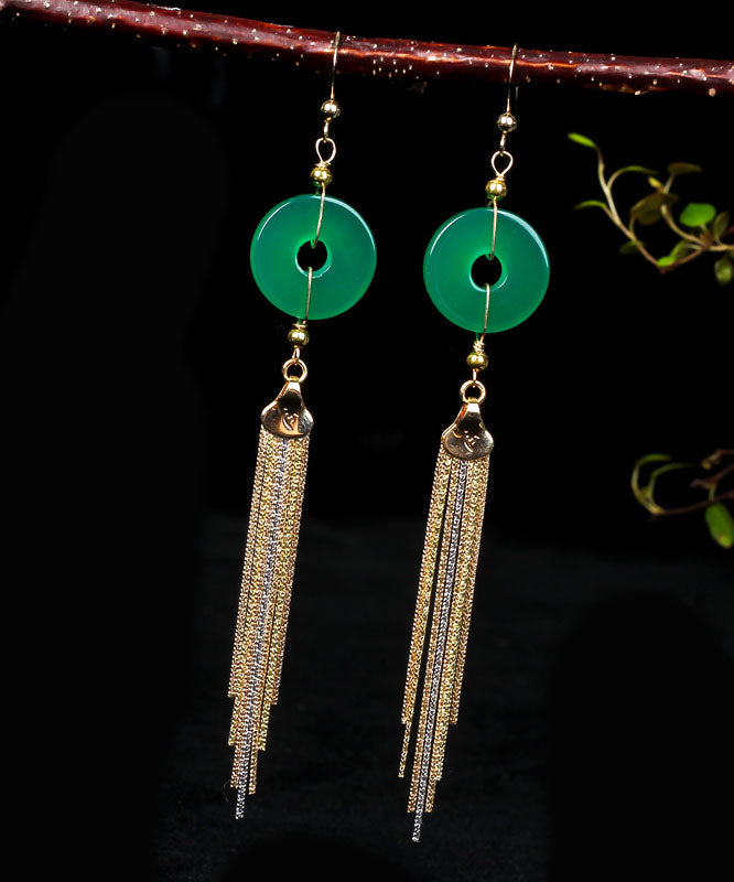 Pendientes casuales con borlas de calcedonia y hebilla de oro verde de 14 quilates