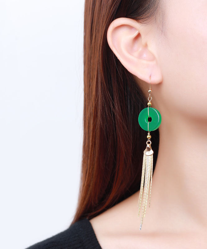 Pendientes casuales con borlas de calcedonia y hebilla de oro verde de 14 quilates