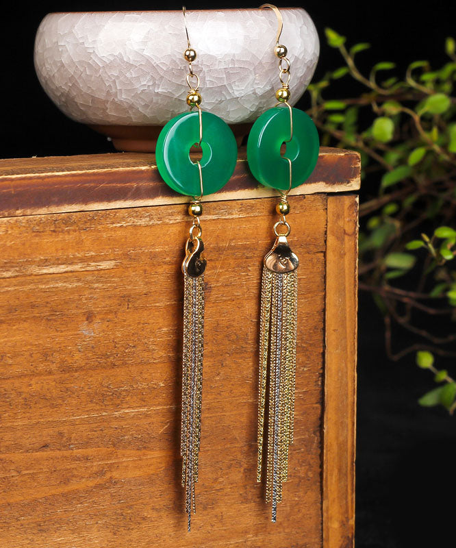 Pendientes casuales con borlas de calcedonia y hebilla de oro verde de 14 quilates