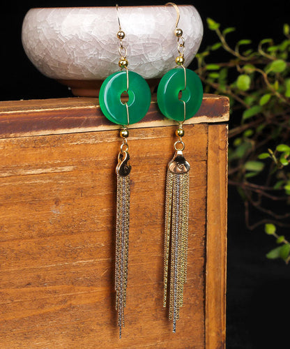 Pendientes casuales con borlas de calcedonia y hebilla de oro verde de 14 quilates