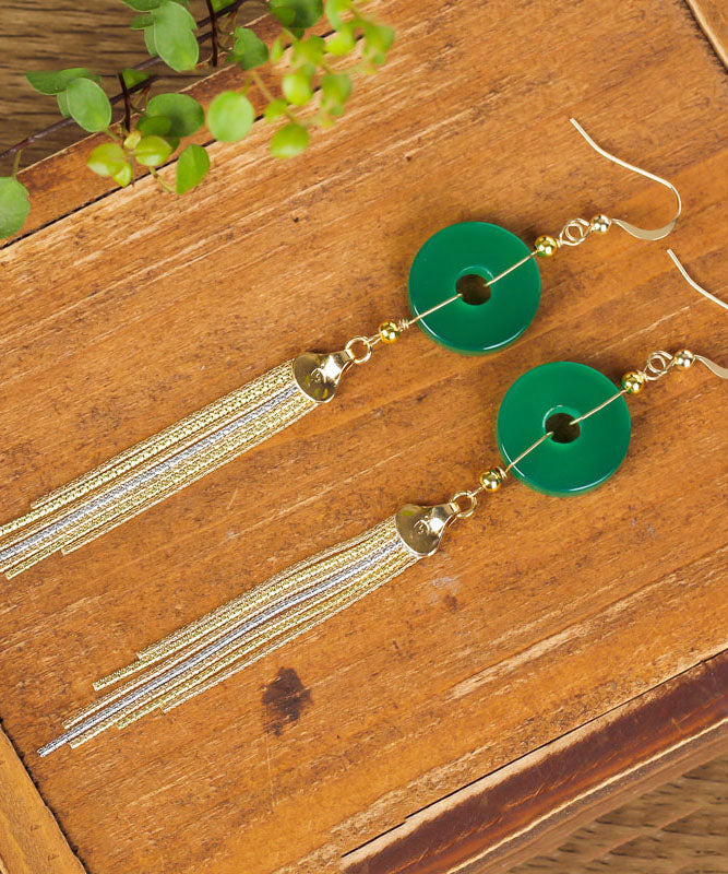 Pendientes casuales con borlas de calcedonia y hebilla de oro verde de 14 quilates