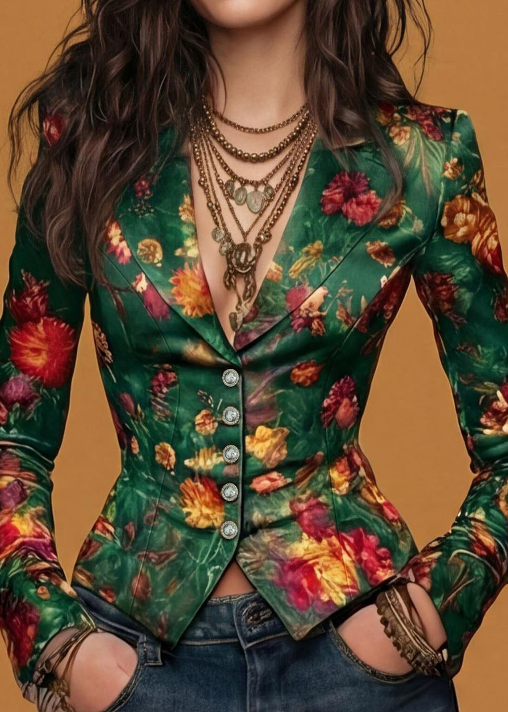 Casual Green Button Print Blazer Jackets Coat Fall