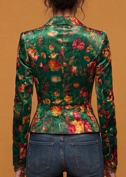Casual Green Button Print Blazer Jackets Coat Fall