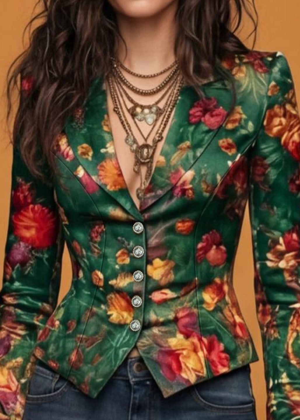 Casual Green Button Print Blazer Jackets Coat Fall