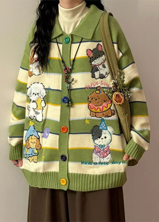 Casual Green Embroidered Striped Knit Coats Spring