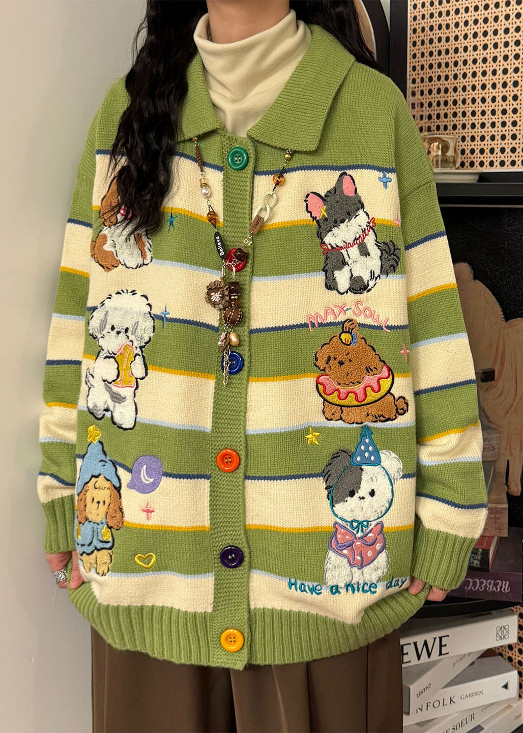 Casual Green Embroidered Striped Knit Coats Spring