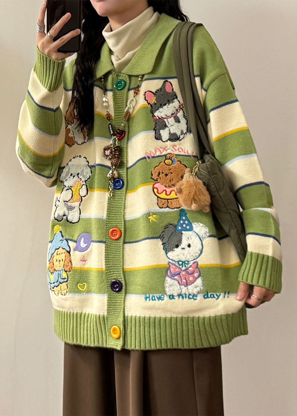 Casual Green Embroidered Striped Knit Coats Spring