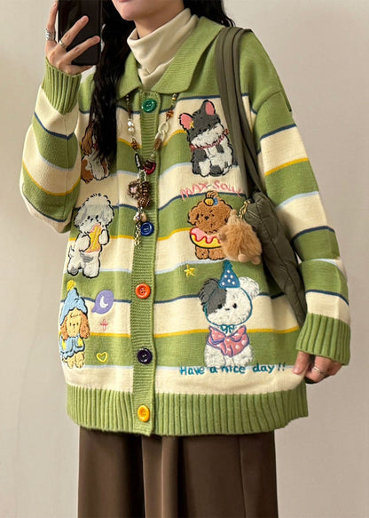 Casual Green Embroidered Striped Knit Coats Spring