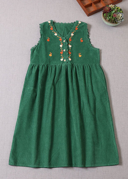 Casual Green Embroideried Patchwork Corduroy Vacation Dresses Sleeveless
