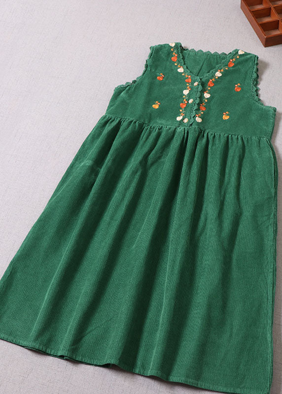 Casual Green Embroideried Patchwork Corduroy Vacation Dresses Sleeveless