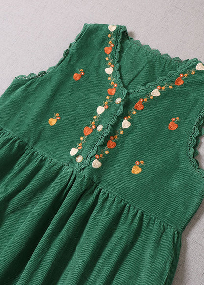 Casual Green Embroideried Patchwork Corduroy Vacation Dresses Sleeveless
