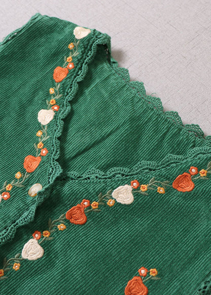 Casual Green Embroideried Patchwork Corduroy Vacation Dresses Sleeveless