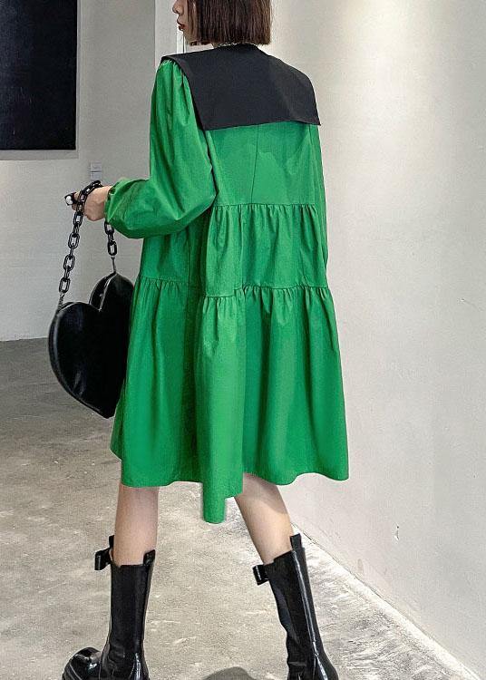 Casual Green O-Neck Button Zippered Fall Dress Long sleeve - SooLinen