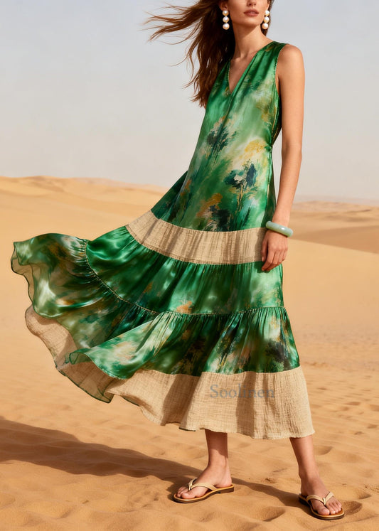 Casual Green Oversized Patchwork Tie Dye Chiffon Long Dress Summer