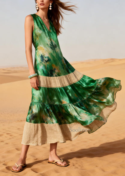 Casual Green Oversized Patchwork Tie Dye Chiffon Long Dress Summer