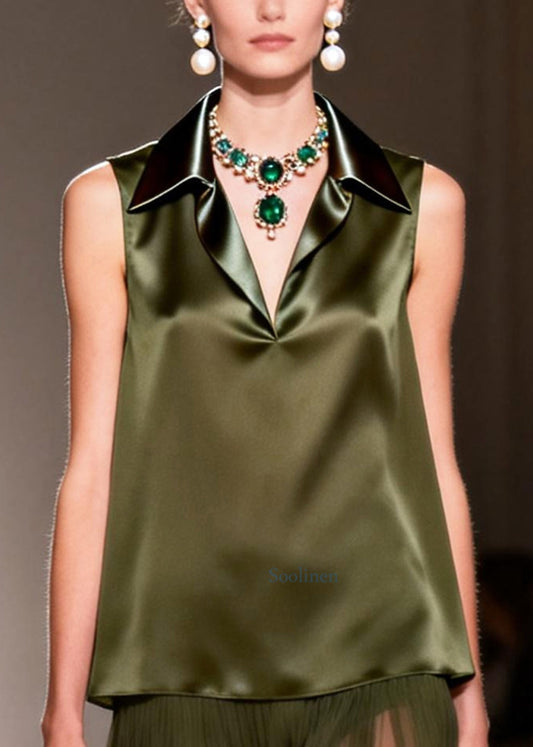 Casual Green Peter Pan Collar Silk Vests And Skirts Two Pieces Set Summer