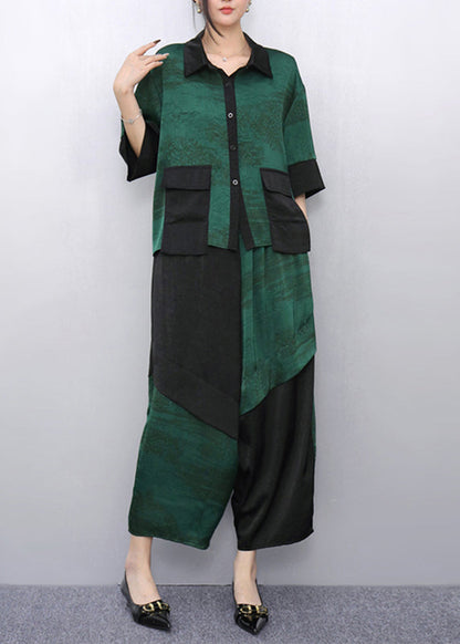 Casual Green Peter Pan Collar Top And Wide Leg Pants Two Pieces Set Summer