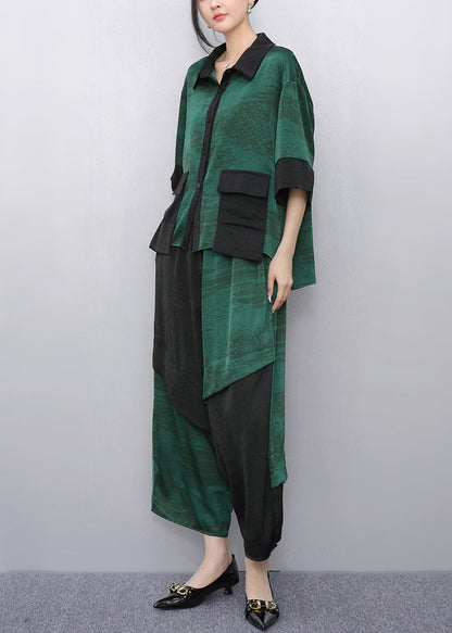 Casual Green Peter Pan Collar Top And Wide Leg Pants Two Pieces Set Summer