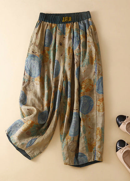 Pantalones harén casuales con bolsillos verdes y cintura elástica con estampado de verano