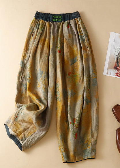 Pantalones harén casuales con bolsillos verdes y cintura elástica con estampado de verano