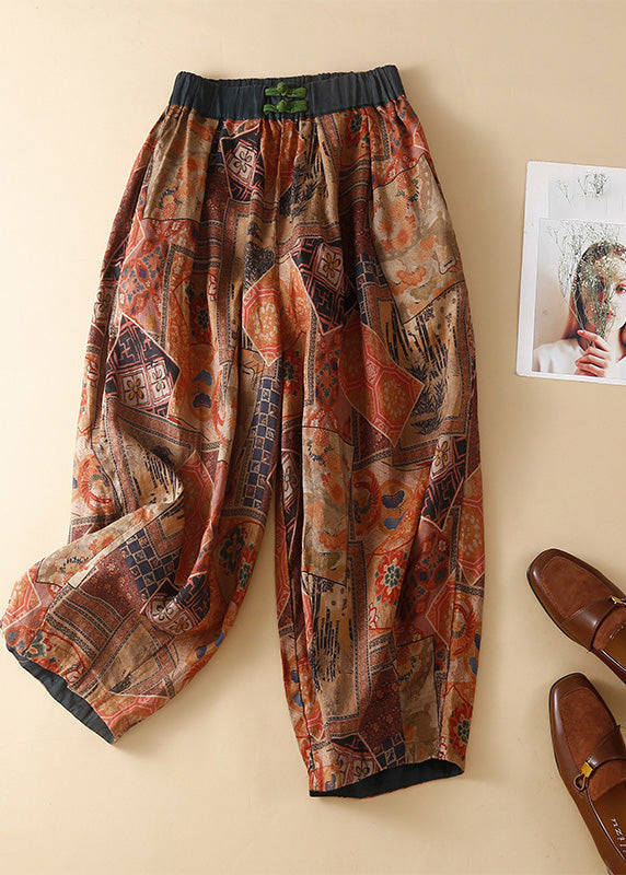 Pantalones harén casuales con bolsillos verdes y cintura elástica con estampado de verano