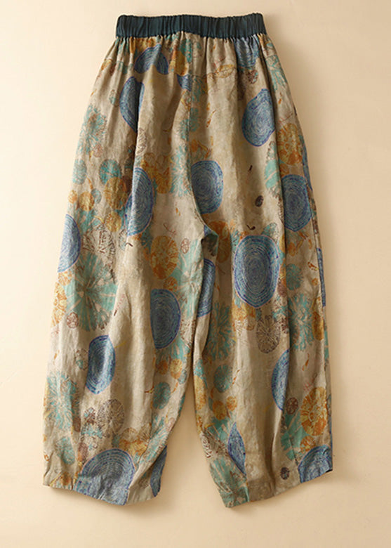 Pantalones harén casuales con bolsillos verdes y cintura elástica con estampado de verano