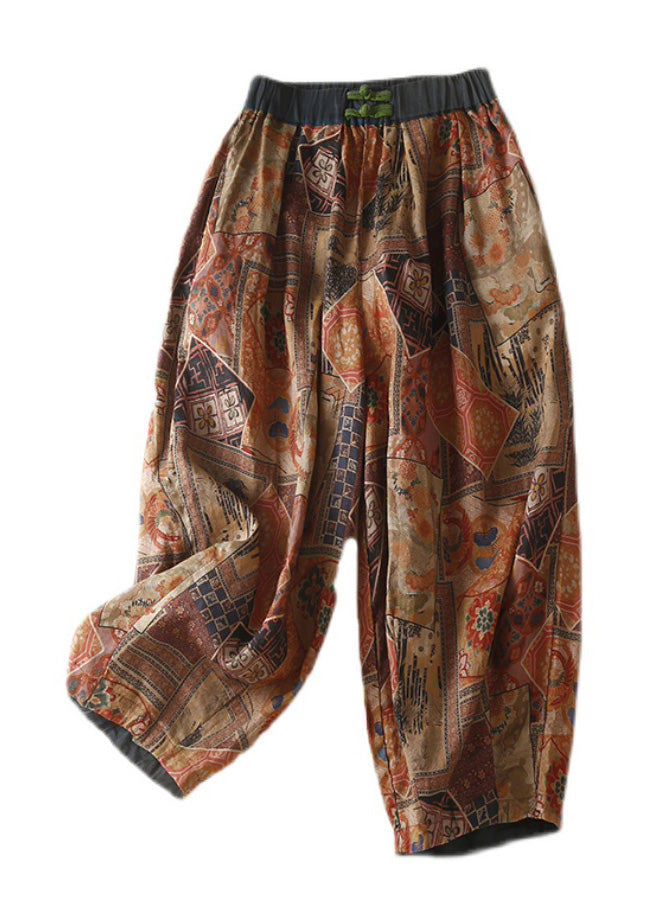 Pantalones harén casuales con bolsillos verdes y cintura elástica con estampado de verano