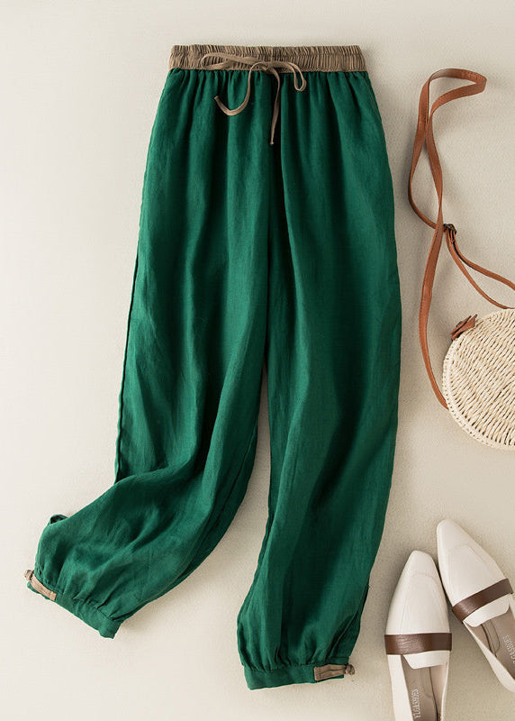 Casual Green Pockets Tie Waist Cotton Crop Pants Summer