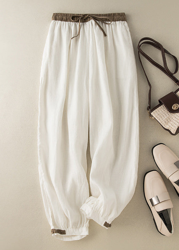 Casual Green Pockets Tie Waist Cotton Crop Pants Summer