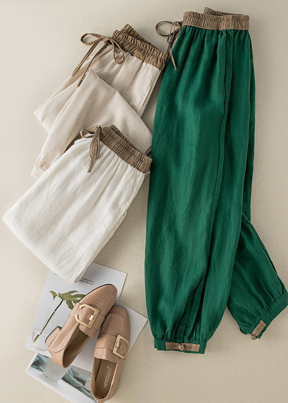 Casual Green Pockets Tie Waist Cotton Crop Pants Summer