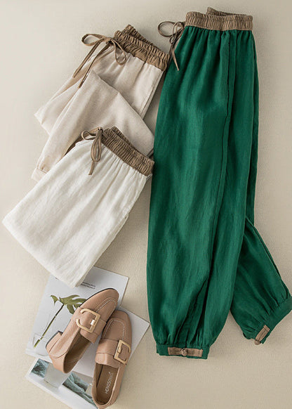 Casual Green Pockets Tie Waist Cotton Crop Pants Summer