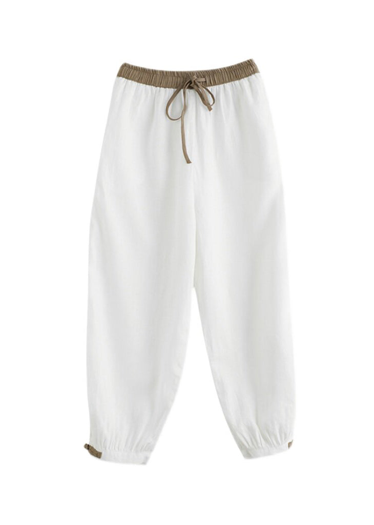 Casual Green Pockets Tie Waist Cotton Crop Pants Summer