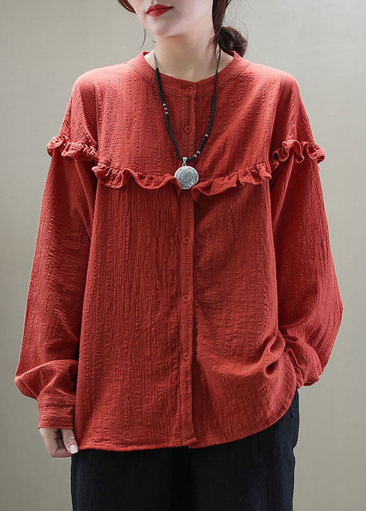 Lässige grüne Rüschenknopf Patchwork Baumwollbluse Tops Langarm