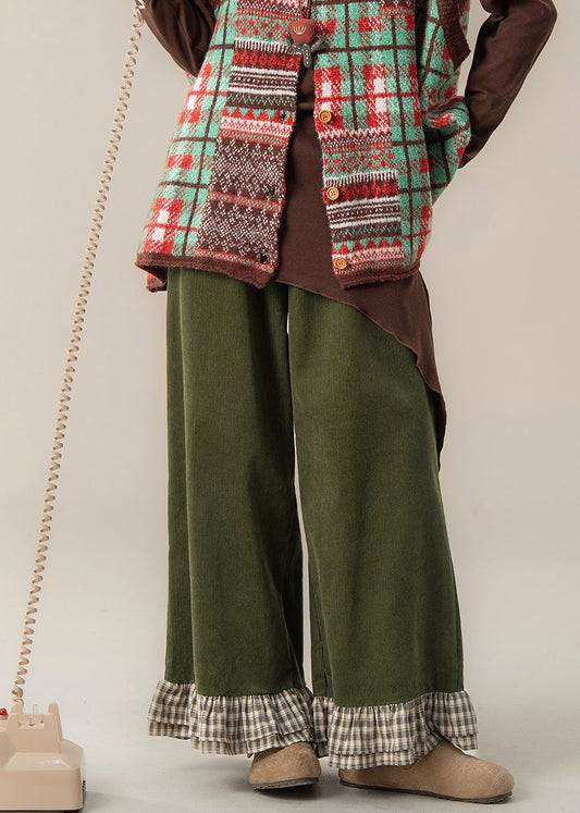 Lässige grüne Rüschen-Patchwork-Hose mit hohem Bund und weitem Bein