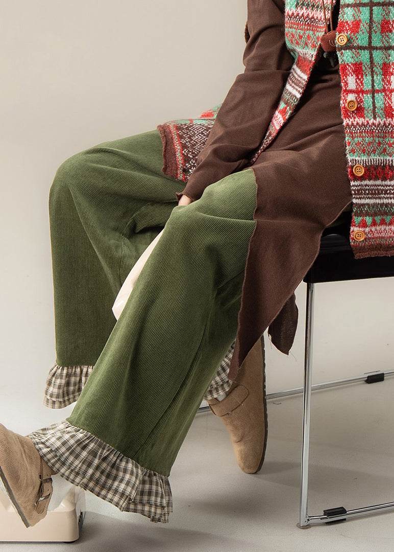 Pantalones casuales de cintura alta y pierna ancha con volantes verdes y patchwork