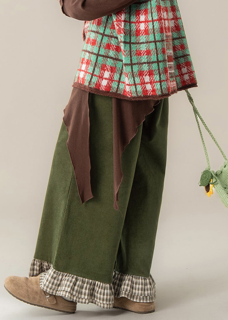 Pantalones casuales de cintura alta y pierna ancha con volantes verdes y patchwork