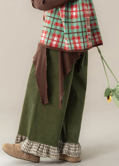 Pantalones casuales de cintura alta y pierna ancha con volantes verdes y patchwork