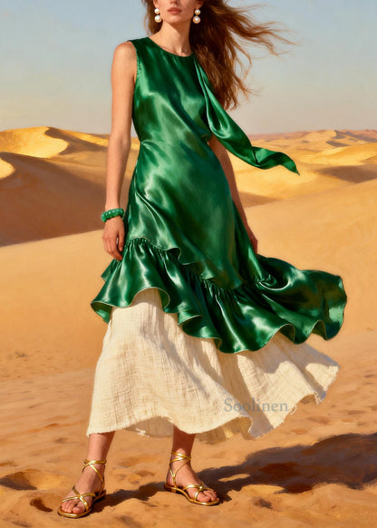 Casual Green Ruffled Patchwork Silk Fake Two Piece Dress Summer