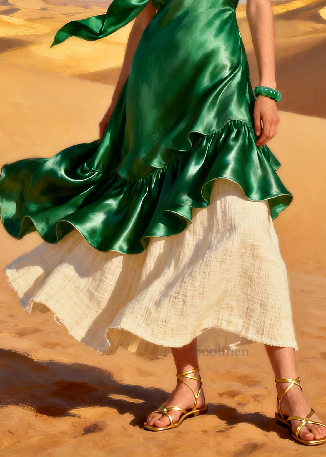 Casual Green Ruffled Patchwork Silk Fake Two Piece Dress Summer