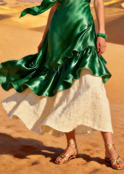 Casual Green Ruffled Patchwork Silk Fake Two Piece Dress Summer