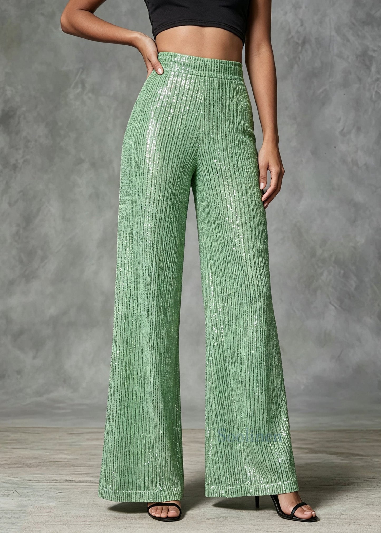Casual Green Sequins Cotton Wide Leg Pants Summer