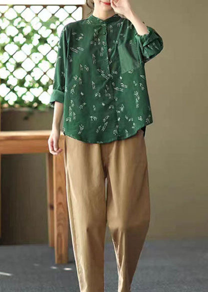 Casual Grün Stehkragen Print Patchwork Cord Blusen Frühling