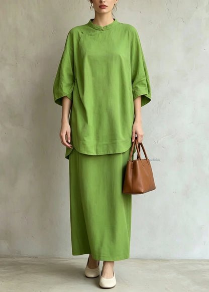 Casual Green Stand Collar Side Open Top And Maxi Skirts Two Pieces Set Half Sleeve