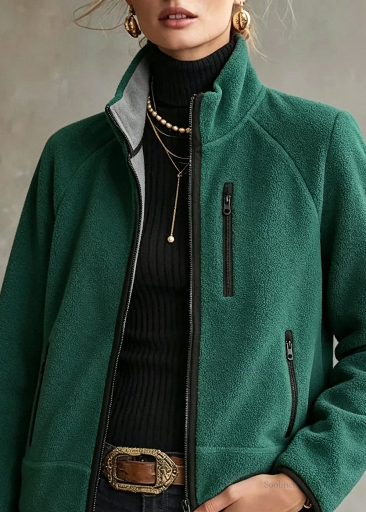 Casual Green Stand Collar Zippered Patchwork Coat Long Sleeve