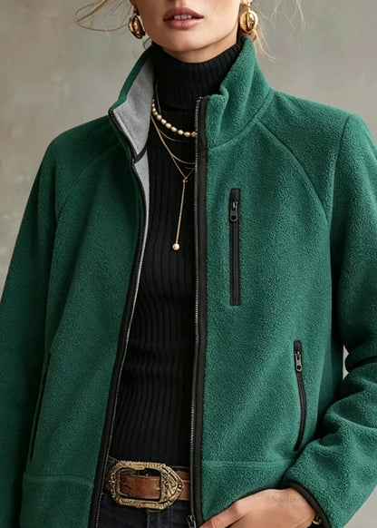 Casual Green Stand Collar Zippered Patchwork Coat Long Sleeve