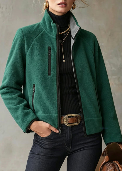 Casual Green Stand Collar Zippered Patchwork Coat Long Sleeve