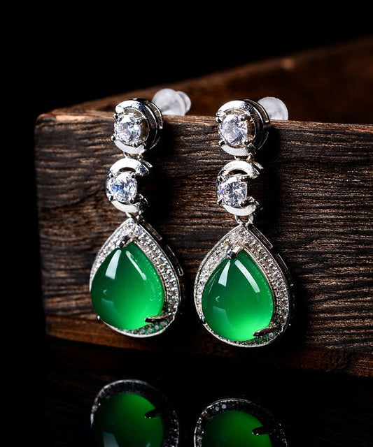 Lässige grüne Sterling Silber Intarsien Zirkon Chalcedon Wassertropfen Ohrringe