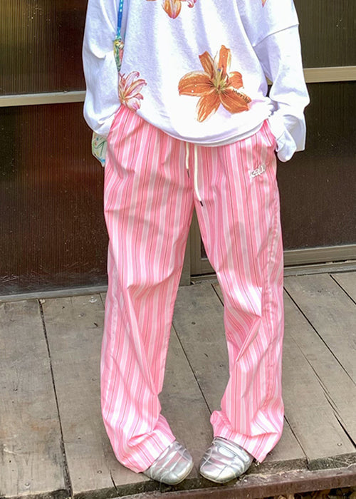 Pantalones casuales de algodón con cintura elástica y bolsillos a rayas verdes para verano