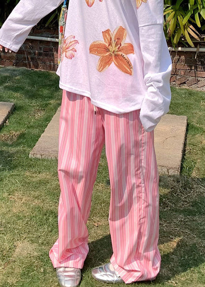 Pantalones casuales de algodón con cintura elástica y bolsillos a rayas verdes para verano